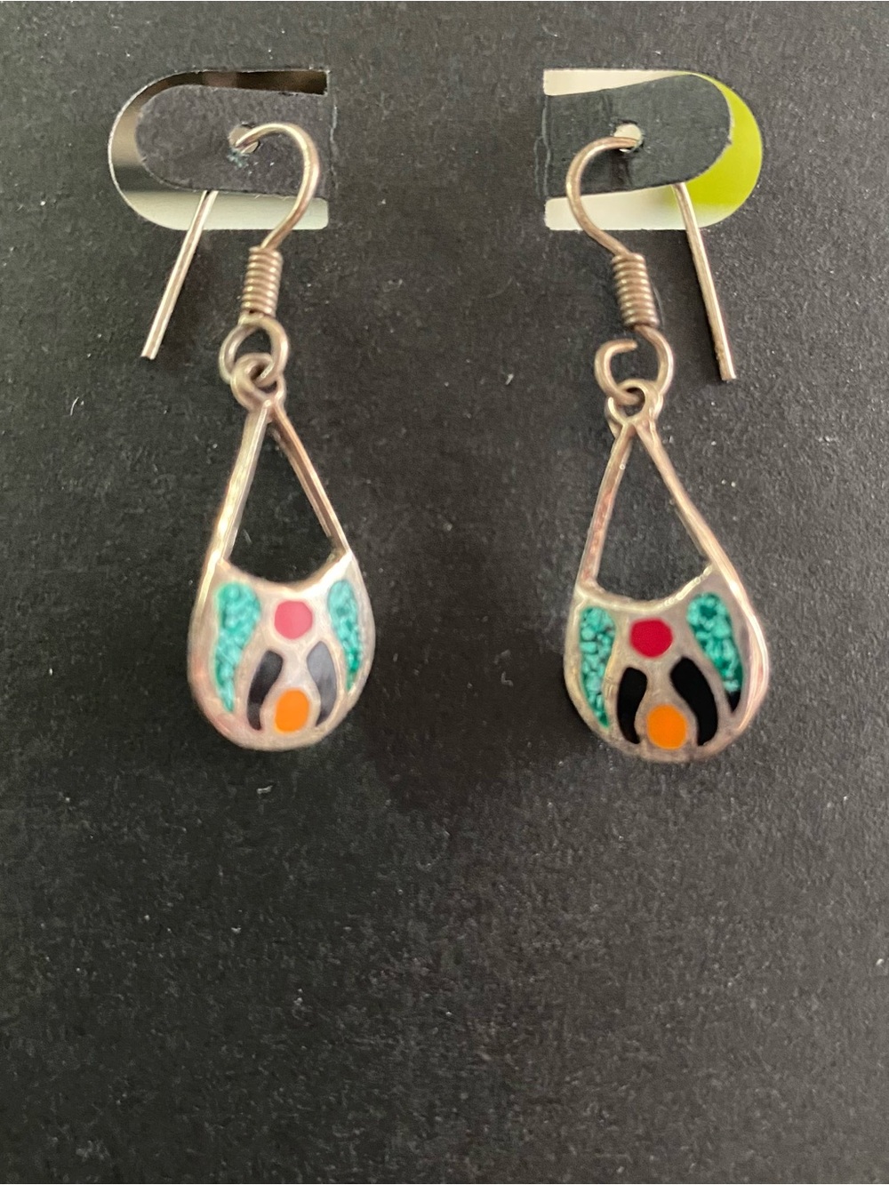 Silver Teardrop Inlay Earrings with Turquoise, Red & Orange Accents